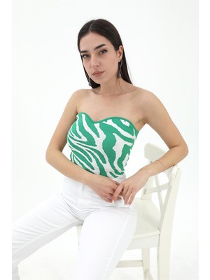 Rey Coco Zebra Desen Triko Crop - Yeşil