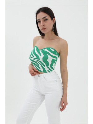 Rey Coco Zebra Desen Triko Crop - Yeşil