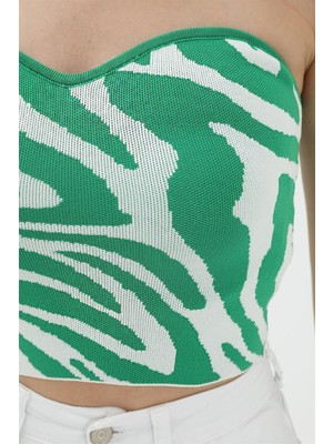 Rey Coco Zebra Desen Triko Crop - Yeşil