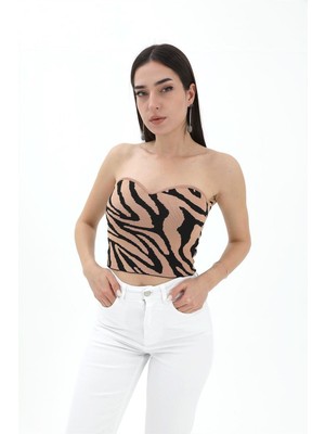 Rey Coco Zebra Desen Triko Crop - Camel