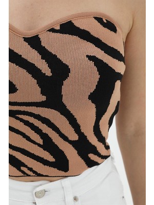 Rey Coco Zebra Desen Triko Crop - Camel