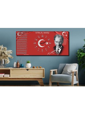 Marpanya Atatürk ve Istiklal Marşı Yatay Ortadan Saatli Vatan Temalı Cam Tablo 012 YSOV012