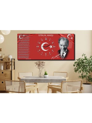 Marpanya Atatürk ve Istiklal Marşı Yatay Ortadan Saatli Vatan Temalı Cam Tablo 012 YSOV012