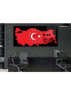 Marpanya Türk Bayrağı ve Atatürk Yatay Ortadan Saatli Vatan Temalı Cam Tablo 060 YSOV060