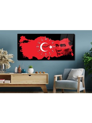 Marpanya Türk Bayrağı ve Atatürk Yatay Ortadan Saatli Vatan Temalı Cam Tablo 060 YSOV060