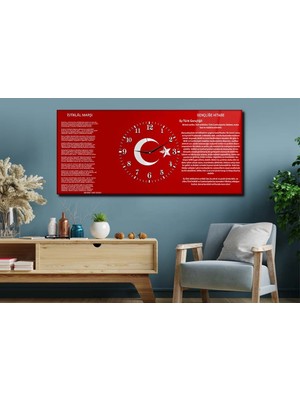 Marpanya Türk Bayrağı Zeminli Gençliğe Hitabe ve Istiklal Marşı Yatay Ortadan Saatli Cam Tablo 001 YSOV001