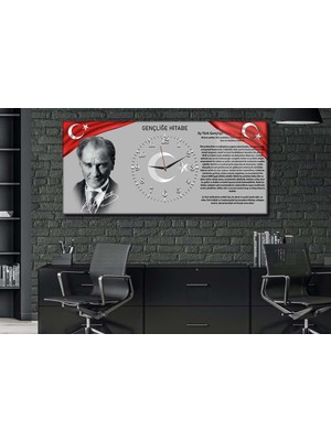 Marpanya Atatürk ve Gençliğe Hitabeli Yatay Ortadan Saatli Vatan Temalı Cam Tablo 010 YSOV010