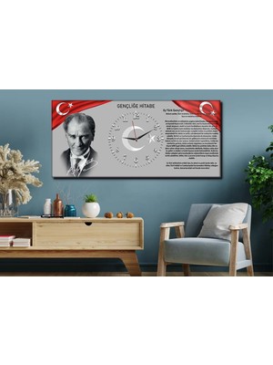 Marpanya Atatürk ve Gençliğe Hitabeli Yatay Ortadan Saatli Vatan Temalı Cam Tablo 010 YSOV010