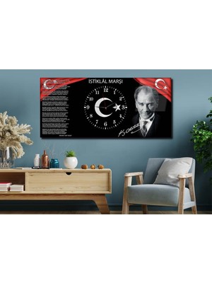 Marpanya Atatürk ve Istiklal Marşı Yatay Ortadan Saatli Vatan Temalı Cam Tablo 013 YSOV013