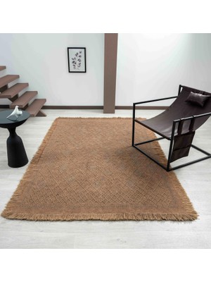 Antique Prm Light Brown - Dört Tarafı Saçaklı Pamuklu Yıkanabilir Kilim  Yazlık Dekoratif Hediye