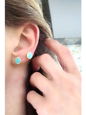 Ose Shop  Larimar  Taşlı 925AYAR Gümüş Üzerine Altın Kaplama Tasarım Doğal Taş Oval Küpe