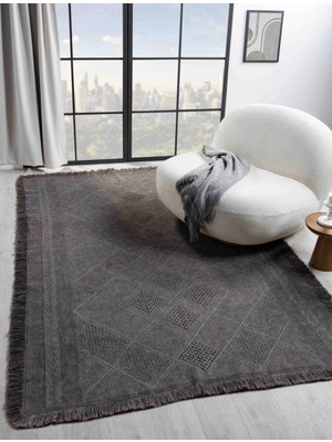 Antique Spt Antrasit Grey - Dört Tarafı Saçaklı Pamuklu Yıkanabilir Kilim  Yazlık Dekoratif Hediye