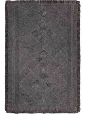 Antique Spt Antrasit Grey - Dört Tarafı Saçaklı Pamuklu Yıkanabilir Kilim  Yazlık Dekoratif Hediye