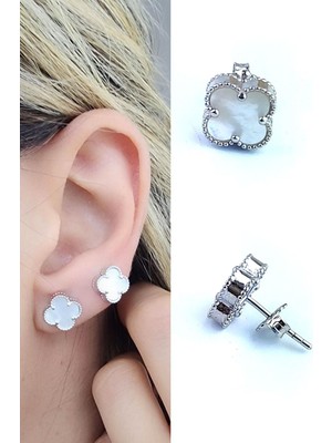 Ose Shop  Sedef Taş Detaylı 925AYAR Gümüş Italyan Tasarımı Yonca Küpe Özel Seri