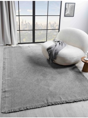 Antique Spt Grey - Dört Tarafı Saçaklı Pamuklu Yıkanabilir Kilim  Yazlık Dekoratif Hediye