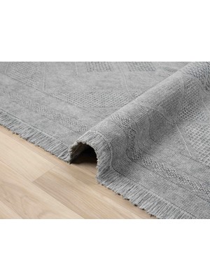 Antique Spt Grey - Dört Tarafı Saçaklı Pamuklu Yıkanabilir Kilim  Yazlık Dekoratif Hediye