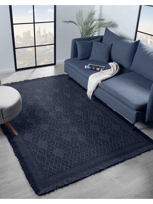 Antique Prm Dark Blue - Dört Tarafı Saçaklı Pamuklu Yıkanabilir Kilim  Yazlık Dekoratif Hediye