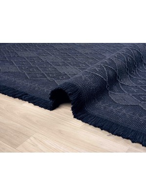 Antique Prm Dark Blue - Dört Tarafı Saçaklı Pamuklu Yıkanabilir Kilim  Yazlık Dekoratif Hediye