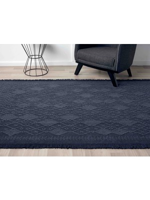 Antique Prm Dark Blue - Dört Tarafı Saçaklı Pamuklu Yıkanabilir Kilim  Yazlık Dekoratif Hediye