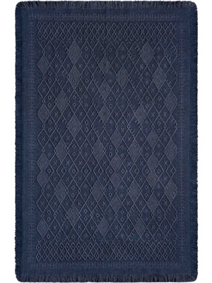 Antique Prm Dark Blue - Dört Tarafı Saçaklı Pamuklu Yıkanabilir Kilim  Yazlık Dekoratif Hediye