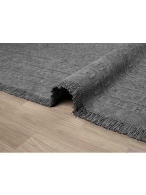 Antique Trk Grey - Dört Tarafı Saçaklı Pamuklu Yıkanabilir Kilim  Yazlık Dekoratif Hediye