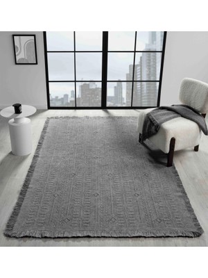 Antique Trk Grey - Dört Tarafı Saçaklı Pamuklu Yıkanabilir Kilim  Yazlık Dekoratif Hediye