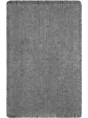 Antique Trk Grey - Dört Tarafı Saçaklı Pamuklu Yıkanabilir Kilim  Yazlık Dekoratif Hediye