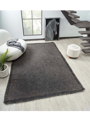 Antique Prm Antrasit Grey - Dört Tarafı Saçaklı Pamuklu Yıkanabilir Kilim  Yazlık Dekoratif Hediye