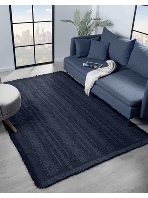 Antique Trk Dark Blue - Dört Tarafı Saçaklı Pamuklu Yıkanabilir Kilim  Yazlık Dekoratif Hediye