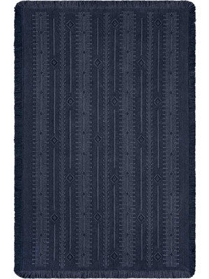 Antique Trk Dark Blue - Dört Tarafı Saçaklı Pamuklu Yıkanabilir Kilim  Yazlık Dekoratif Hediye