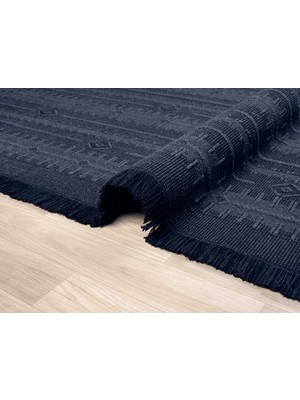 Antique Trk Dark Blue - Dört Tarafı Saçaklı Pamuklu Yıkanabilir Kilim  Yazlık Dekoratif Hediye