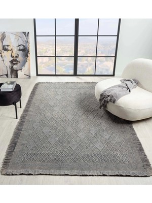 Antique Prm Grey - Dört Tarafı Saçaklı Pamuklu Yıkanabilir Kilim  Yazlık Dekoratif Hediye