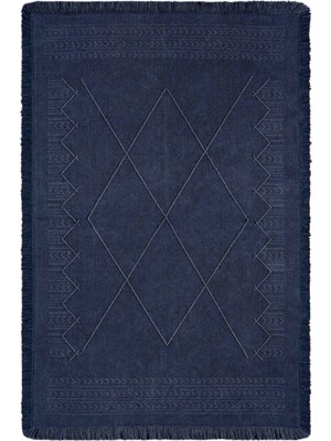 Antique Mnc Dark Blue - Dört Tarafı Saçaklı Pamuklu Yıkanabilir Kilim  Yazlık Dekoratif Hediye