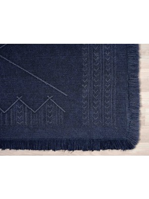 Antique Mnc Dark Blue - Dört Tarafı Saçaklı Pamuklu Yıkanabilir Kilim  Yazlık Dekoratif Hediye