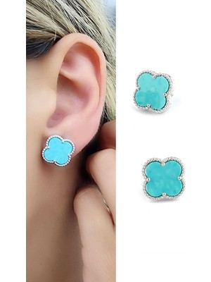 Ose Shop  Amazonit Taş 925AYAR Gümüş Tasarım Italyan Tasarımı Yonca Küpe Özel Seri