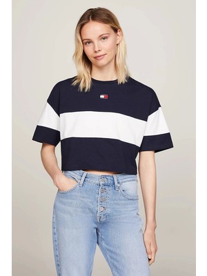 Tommy Hilfiger Kadın Çizgili Lacivert Crop T-Shirt
