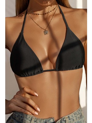 Angelsin Siyah Boyundan Bağlamalı Üçgen Bikini Üstü 34 Beden Kadın İçin Astar Detaylı