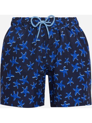 Tudors Erkek Standart Fit File Astarlı Hızlı Kuruyan Desenli Lacivert-Mavi Mayo Deniz Şortu