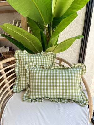 Decamor Home  Vintage Keten Fıstık Yeşili Pötikare Fırfırlı Kırlent Kılıfı