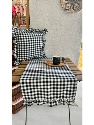 Decamor Home Vintage Keten Siyah Pötikare Fırfırlı Kırlent Kılıfı