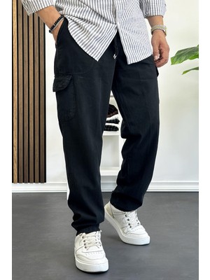 Erkek Baggy Kalıp Kargo Cepli Pantolon Siyah Edw131
