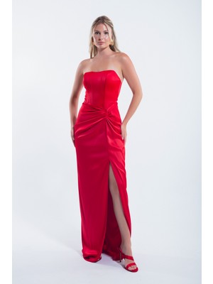 Lafaba Kadın Kırmızı Kruvaze Astarlı Dokuma Korse Detaylı Saten Uzun Abiye Elbise