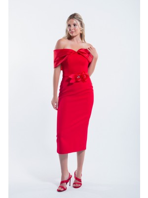 Lafaba Kadın Kırmızı Kayık Yaka Fiyonklu Midi Abiye Elbise