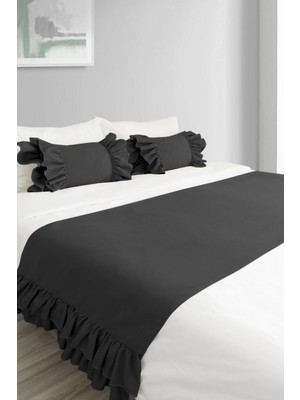 Sister Home Design Yatak Runner & Iç Dolgulu Kırlent Seti Çift Kişilik Fırfırlı Siyah