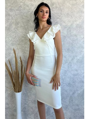 Gülseli Krem Sırt Çapraz Fırfırlı Abiye Elbise P-00011707