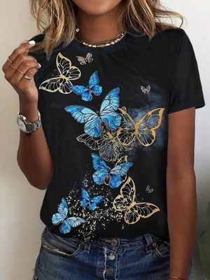 Style Of Angels Kadın Kısa Kollu Mavi Sarı Kelebek Baskı Süprem T-Shirt