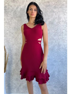 Gülseli Bordo Kendinden Desenli Bel Dekolteli Abiye Elbise P-00011697