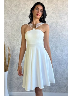 Gülseli Krem Metal Tokalı Kloş Abiye Elbise P-00011696