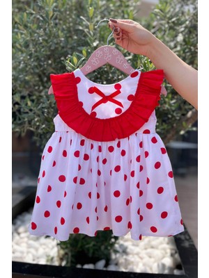 Bertuğ Bebek Kırmızı Fırfır ve Benekli Beyaz Pamuklu Yazlık Elbise