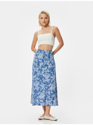 Koton Keten Karışımlı Çiçekli Midi Boy Etek Düğmeli